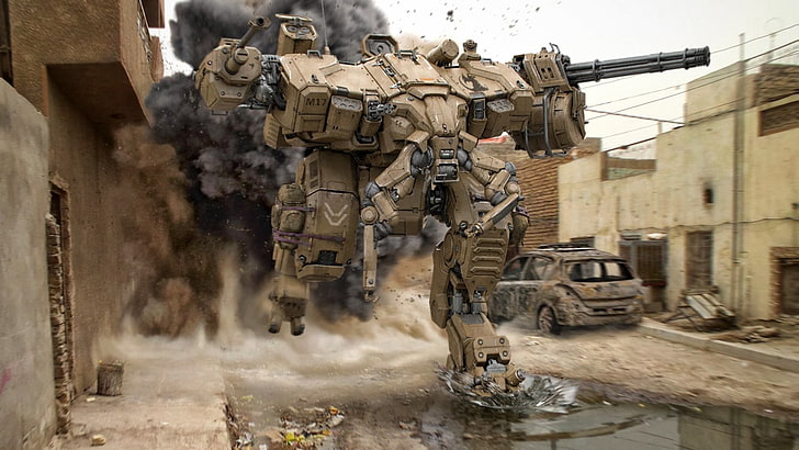 brown robot, artwork, digital art, mech, war, military, science fiction, HD wallpaper