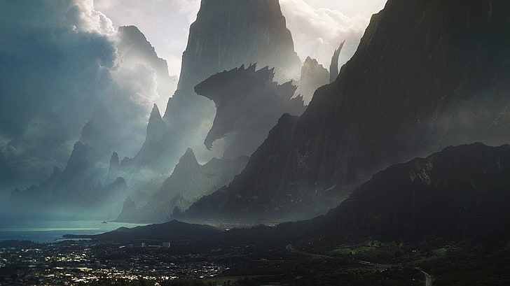 Godzilla wallpaper, artwork, sea, mountains, cloud - sky, beauty in nature, HD wallpaper