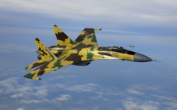 green, brown, and yellow jetfighter, aircraft, jets, Sukhoi Su-35