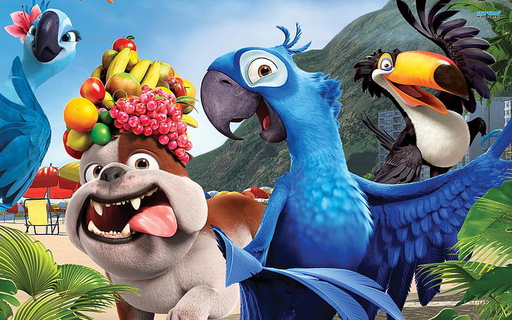 HD wallpaper: Rio movie poster, dog, parrots, fruit, Cartoon, animal, bird  | Wallpaper Flare