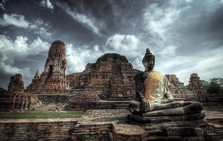 temple, Buddha, statue, religion, sculpture, cloud - sky, architecture, HD wallpaper