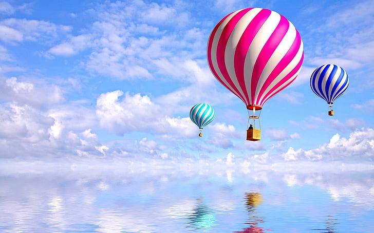 Colors In The Air, three hot air balloon, reflection, water reflexion, HD wallpaper