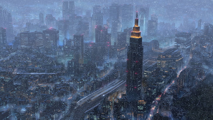 cityscape wallpaper, illustration of city during night time, Makoto Shinkai