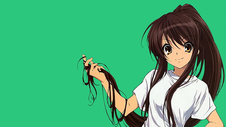 Anime Vectors, The Melancholy of Haruhi Suzumiya, Suzumiya Haruhi, Green Background, black haired female anime character, HD wallpaper