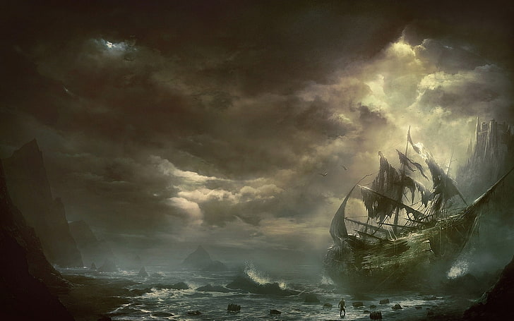 galleon ship illusration, mountains, clouds, sea, sailboat, destroyed