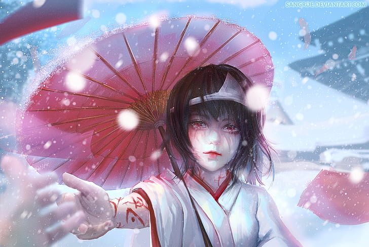 snow, umbrella, winter, hands, WLOP, anime girls, Nora (Noragami)