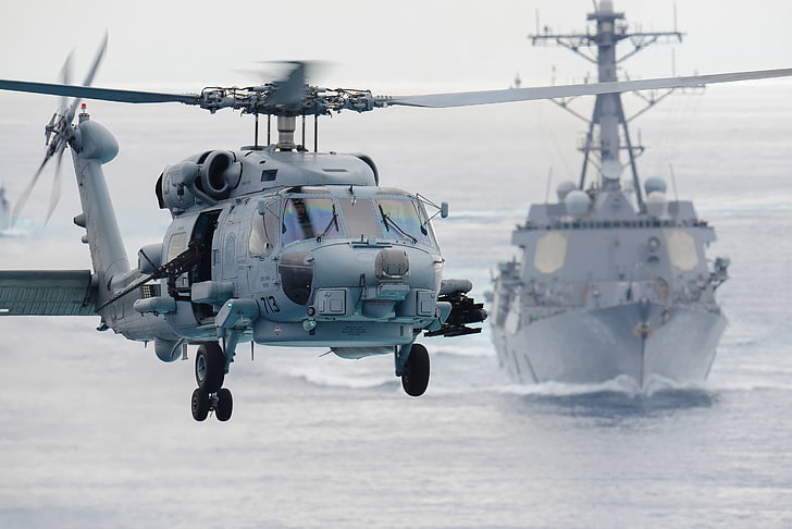 gray helicopter and gray battle ship, sikorsky sh-60f, seahawk