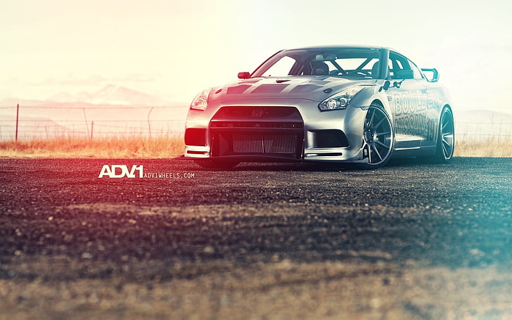 gray Nissan with text overlay, ADV.1 Wheels, rims, Nissan GT-R, HD wallpaper