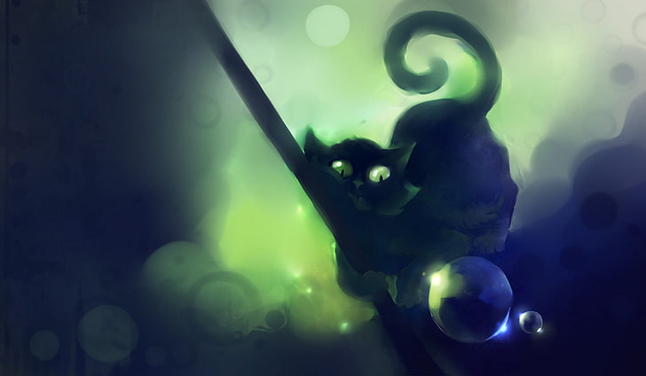 cat art illustration, Bubbles, Kitty, apofiss, backgrounds, defocused, HD wallpaper