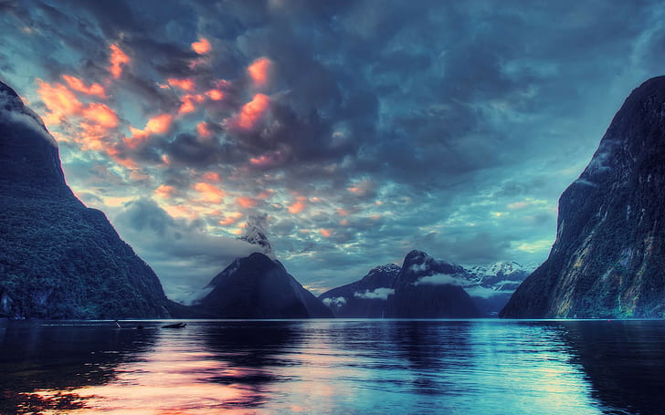 nature, landscape, Milford Sound, sky, clouds, water, HD wallpaper