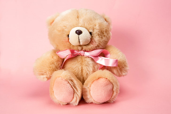 brown bear plush toy, pink, cute, Teddy, teddy Bear, fluffy, childhood, HD wallpaper
