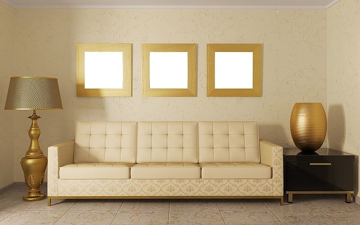 Interior Design Room Sofa And Pillow, white leather 3-seat mid-century modern sofa