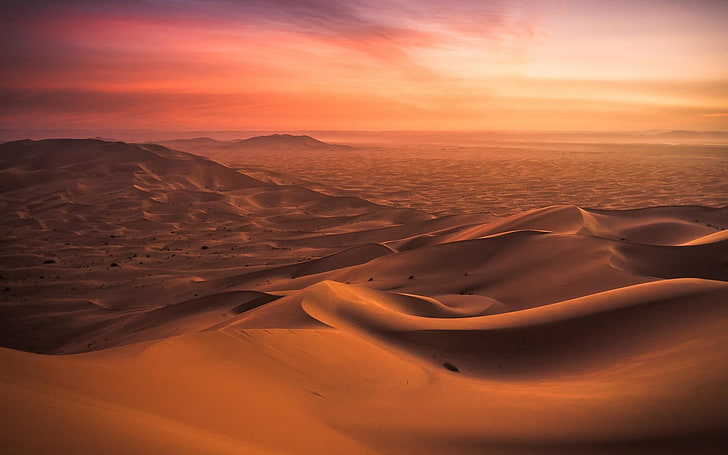 desert during golden hour, landscape, nature, Morocco, dune, sunset, HD wallpaper