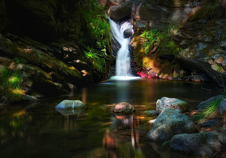 stones, waterfall, moss, grass, creeks, long exposure, lights, HD wallpaper