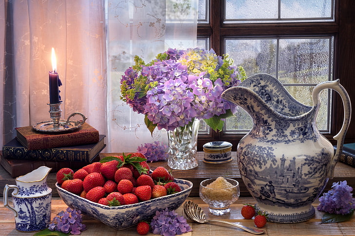 flowers, style, berries, books, candle, window, strawberry, HD wallpaper