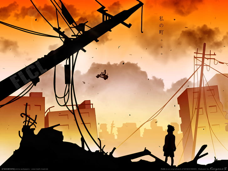 FLCL Anime Power Line Scooter HD, electric post near high rise building illustration