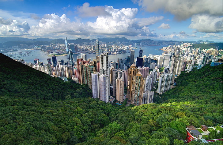 building bird's eye view, cityscape, Hong Kong, architecture