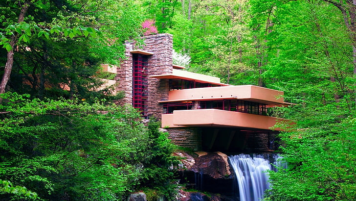 brown concrete house, nature, landscape, waterfall, long exposure, HD wallpaper