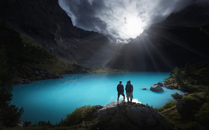 two man hiking during daytime, lake, mountains, Italy, Alps, nature, HD wallpaper