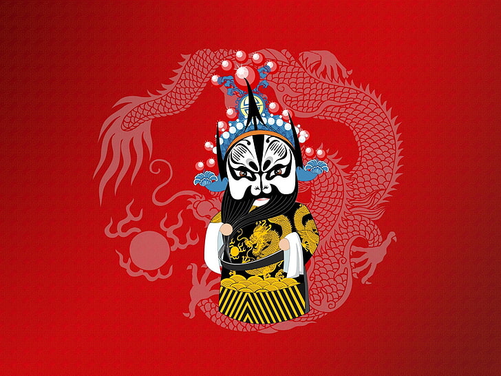 kabuki illustration, beijing opera, dragon, costume, dance, cultures, HD wallpaper