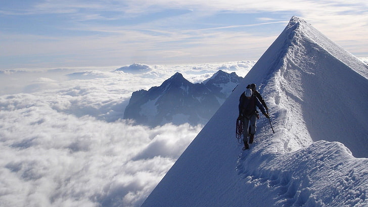 men's black jacket, mountains, clouds, snow, heights, climbing, HD wallpaper