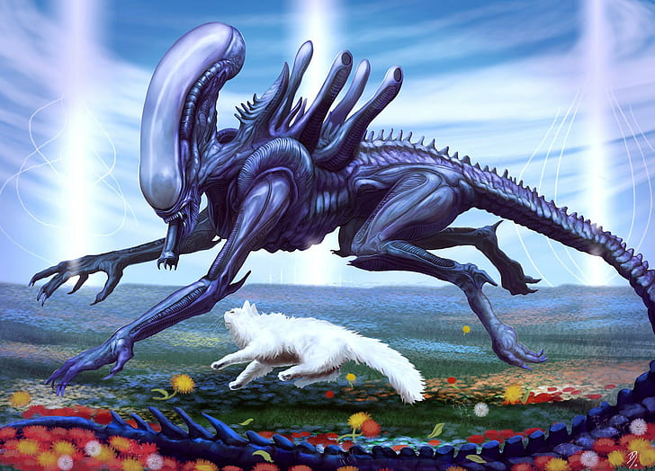 Alien Plays With Cat, painting of white cat and alien, fantasy