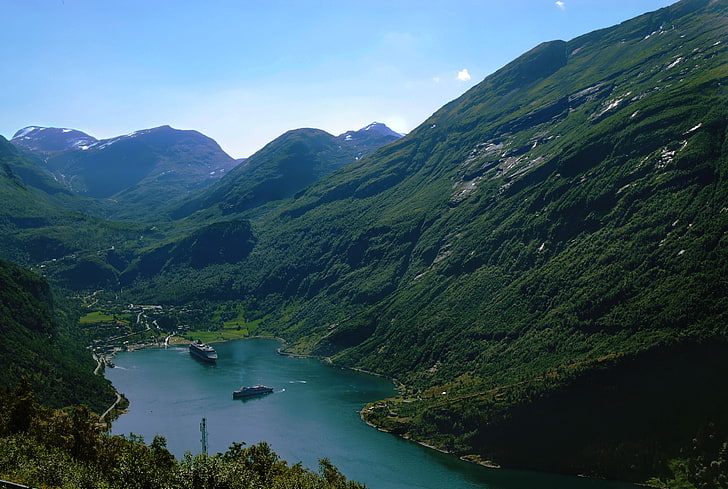 green and brown concrete house, fjord, Norway, Geiranger, nature, HD wallpaper