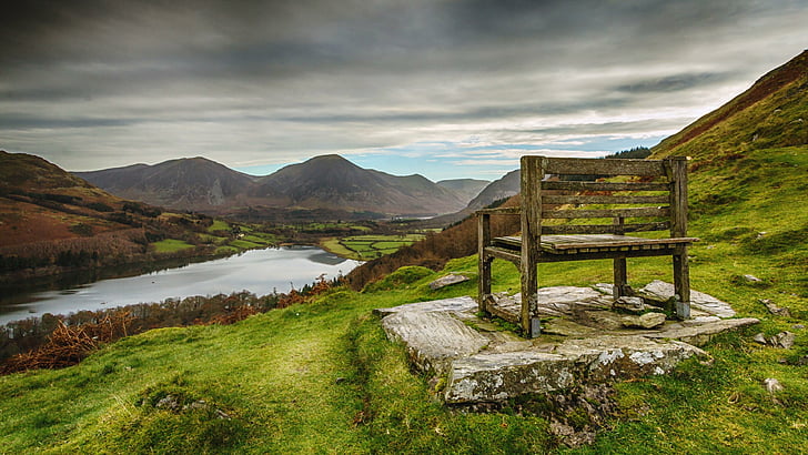 nature, chair, lake district, hill, countryside, cloud, mountain, HD wallpaper
