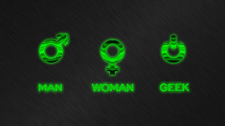 man woman geek logos, humor, men, symbols, text, green color, HD wallpaper