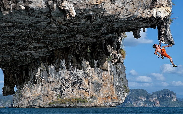 gray rock formation, cliff, climbing, rock - object, water, solid