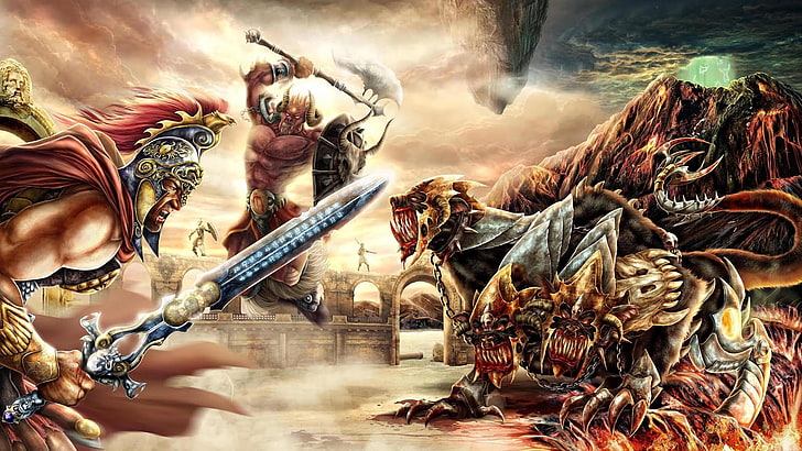 axe, battle, creature, fantasy, hydra, monster, sword, war, HD wallpaper