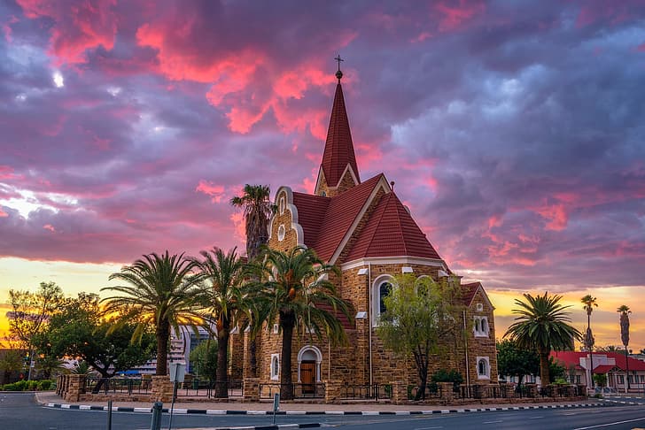 road, sunset, clouds, the city, palm trees, the evening, Church