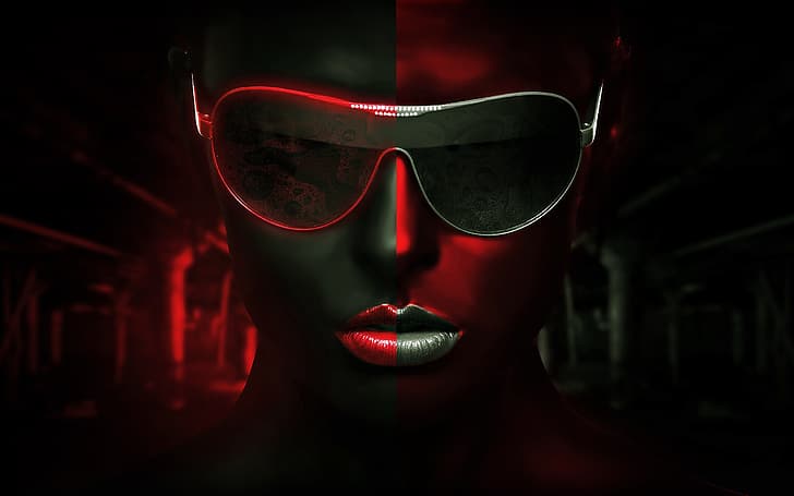 girl, glasses, legacy, BossLogic, red gray background