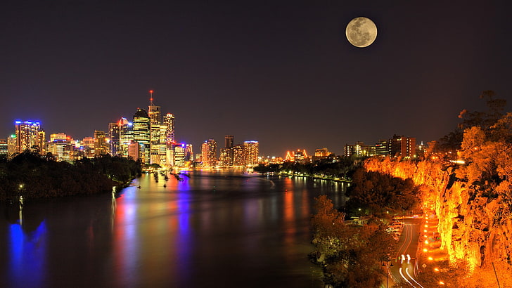 cityscape, lights, building, Moon, river, night, Australia, HD wallpaper