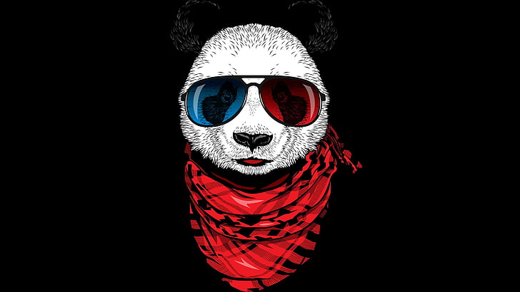 panda painting, glasses, black background, copy space, red, portrait