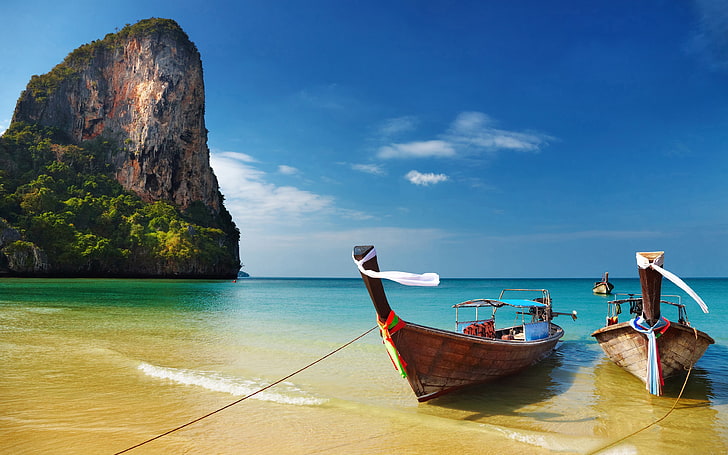 Thailand boats on the beach Desktop HD Wallpaper 3840×2400, nautical vessel
