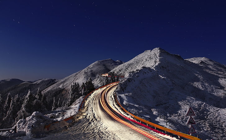 mountain alps, snow, road, dark, nature, mountains, winter, long exposure, HD wallpaper