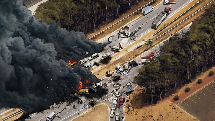 assorted cars, aerial view, fire, smoke, road, accidents, artwork