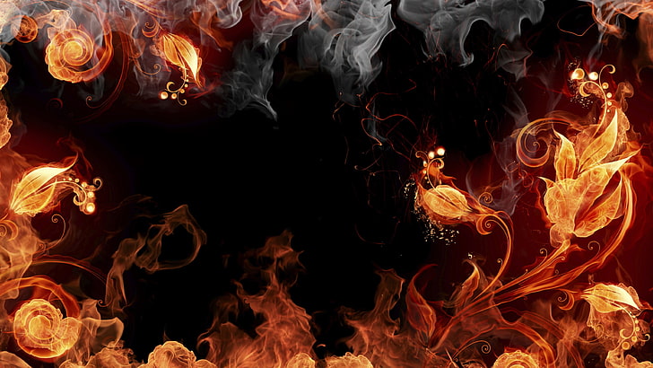 flame flowers illustration, fire, Flame Painter, leaves, digital art, HD wallpaper