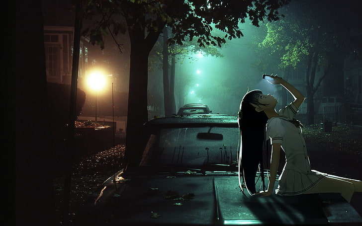 female anime character, woman sitting on car during night, Kantoku