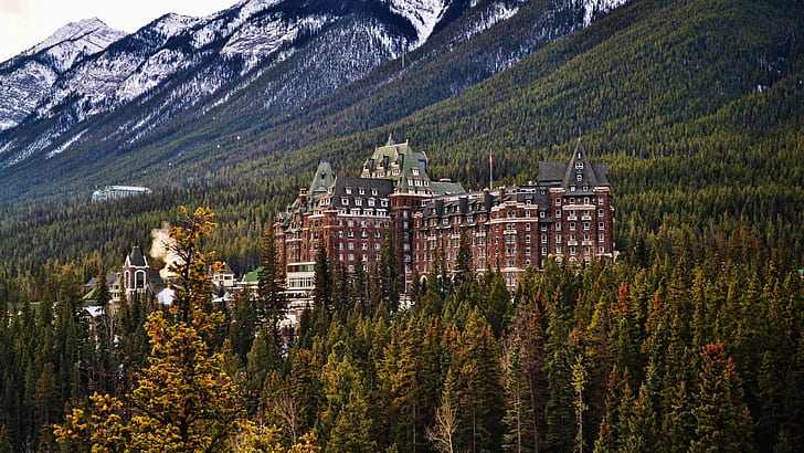 trees, Canada, Banff National Park, hills, architecture, The Fairmont Banff Springs, HD wallpaper