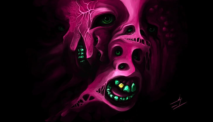 pink monster face illustration, horror, artwork, fear, human body part, HD wallpaper