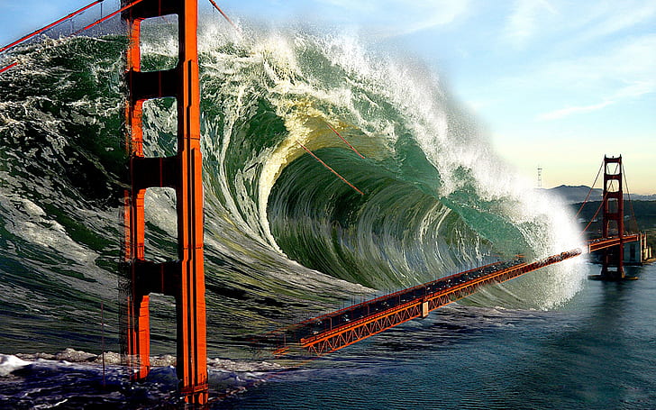 Sci Fi, Apocalyptic, Apocalypse, Golden Gate, Tsunami, Wave, HD wallpaper