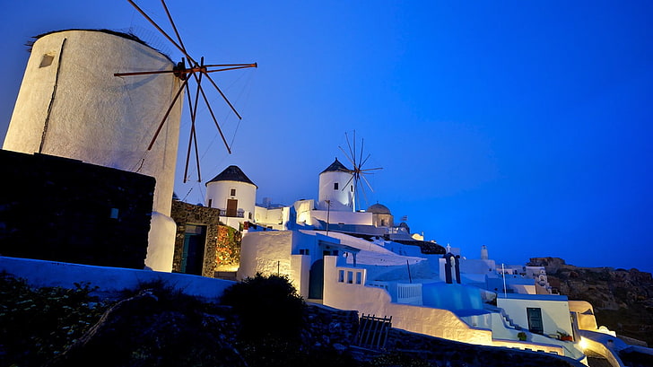 white painted wall houses, architecture, Santorini, Greece, building exterior, HD wallpaper
