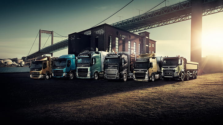 Volvo, trucks, bridge, sunset, freight truck lot, HD wallpaper