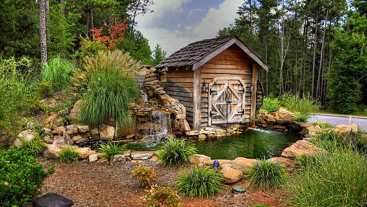 pond, landscape, waterfall, garden, cottage, plant, landscaping, HD wallpaper