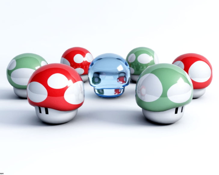 Super Mario toads plastic toys, mushroom, studio shot, cut out