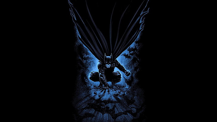 Batman poster, DC Comics, indoors, dark, night, blue, illuminated