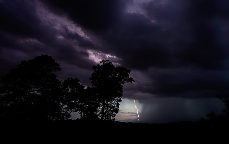 landscape, night, clouds, rain, storm, lightning, ttttrrrrrreeeeesssssssss, HD wallpaper