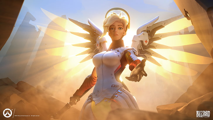 Overwatch character illustration, angel, wings, Blizzard Entertainment